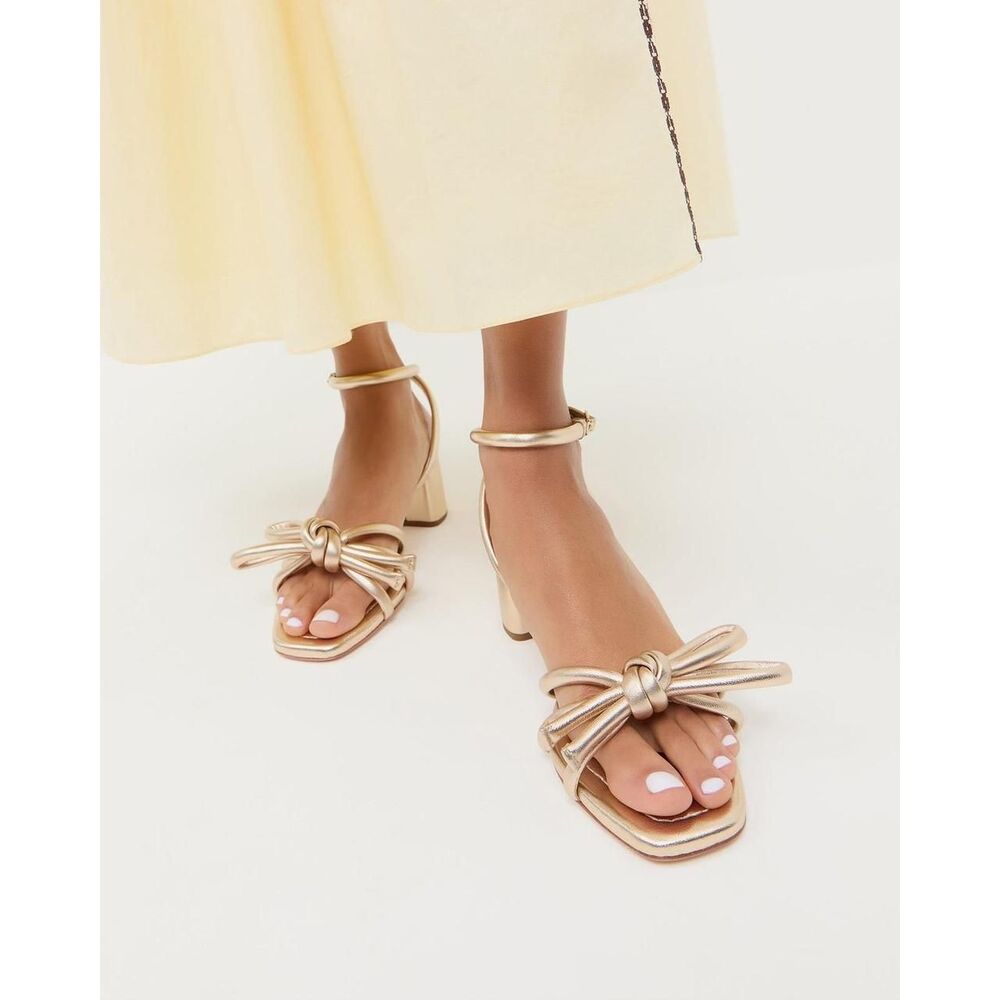 Loeffler Randall Mikel Gold Leather Bow Ankle Strap Block Heel Sandals 6